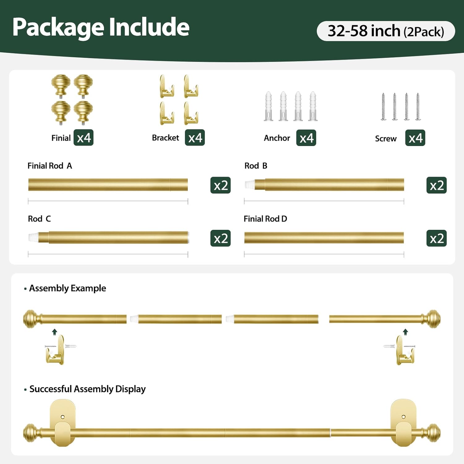 KAMANINA 2 Pack Curtain Rods No Drilling for Windows 32 to 58 Inches, 5/8 Inch Diameter Telescoping Drapery Rods with Adhesive Brackets, Gold