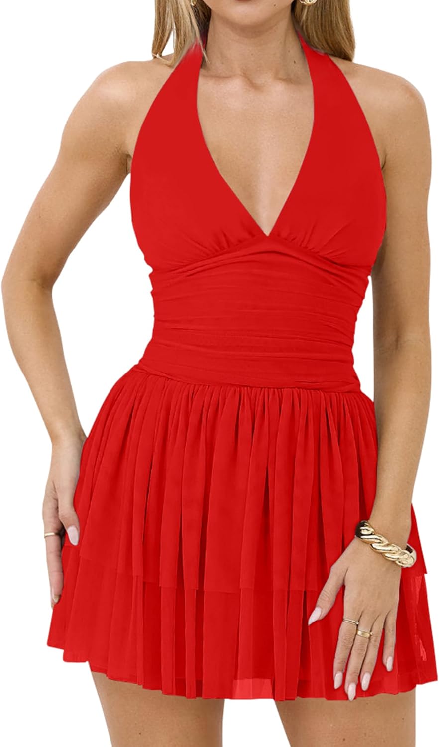 LCNBA Women's Halter V Neck Ruffled Hem Mesh Dress Ruched Flowy Mini Dress - Image 4