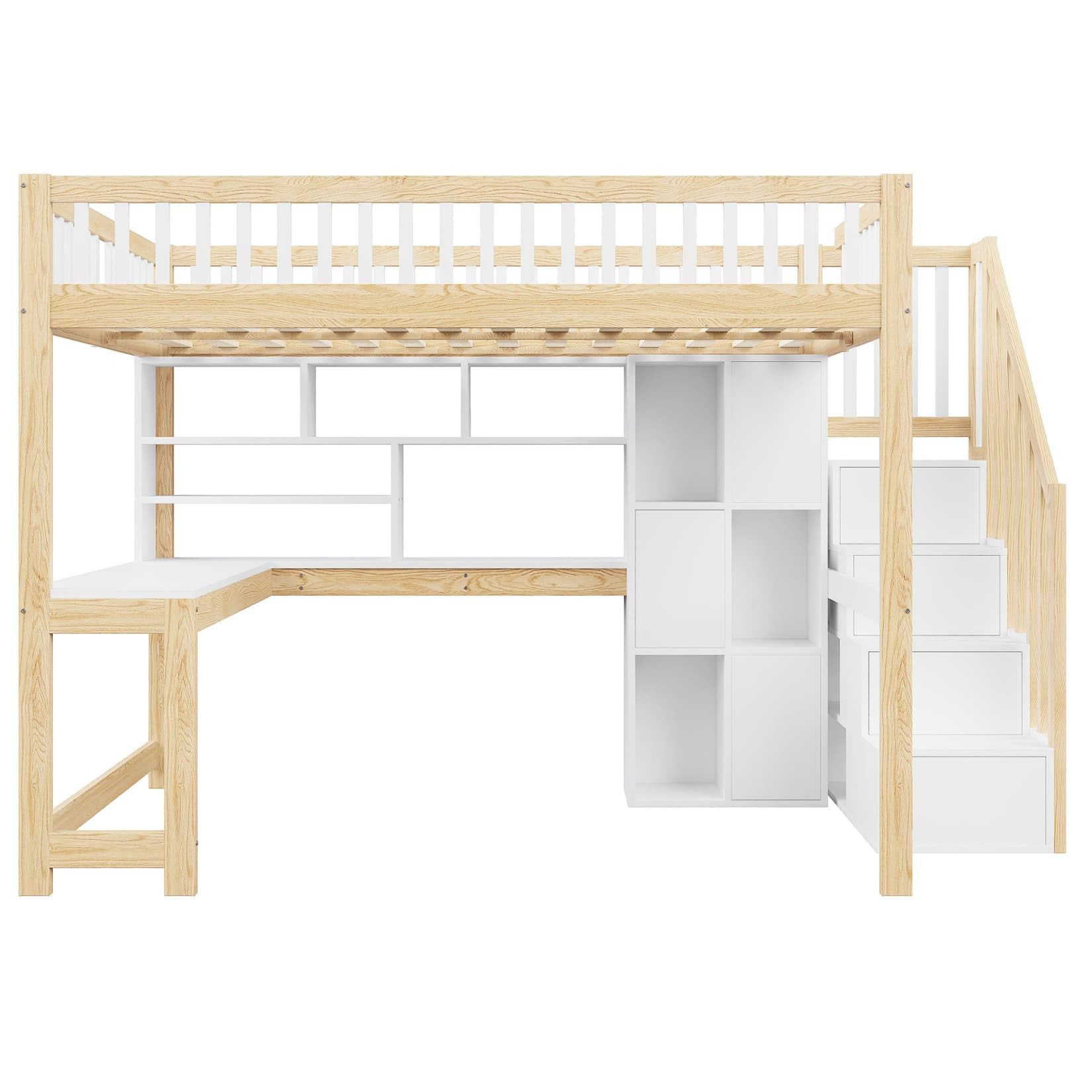 Lit Mezzanine 2 Places 140x200cm,Cadre de Lit 2 Personnes avec Éclairage LED Réglable,Bureau,Étagères,Échelle de Rangement,pour Garçons Filles(Naturel, 140x200)
