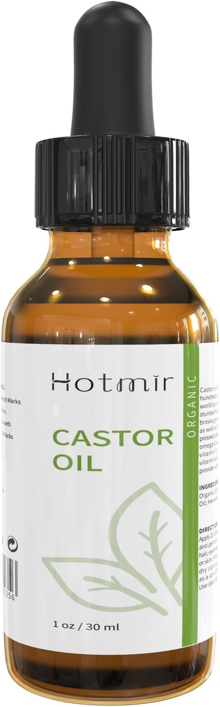 Castor Oil, Organic Castor Oil - Hotmir Castor Oil for Hair | with Pure, Natural, Vitamin E | for Eyelash and Hair Growth | Dry, Sensitive, Combination, Oily and Normal Skin -1fl oz 30mL