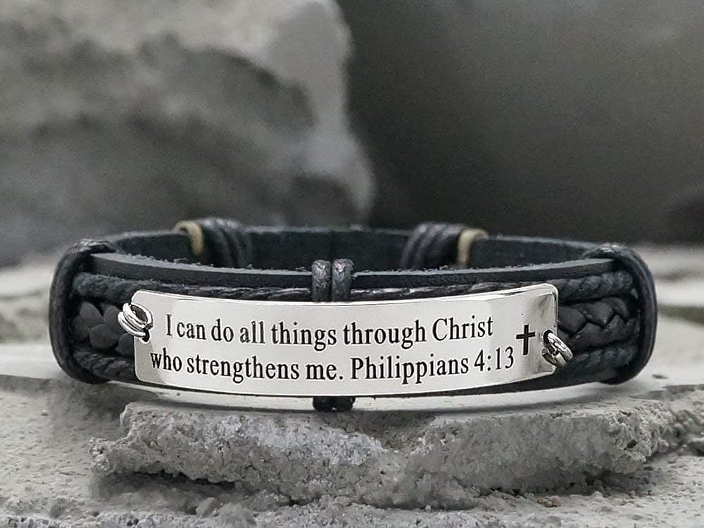 Custom Bible Verse Bracelet for Men- John 3:16, Personalized Scripture Jewelry, Cross Charm Engraved, Brass Black Leather Cuff