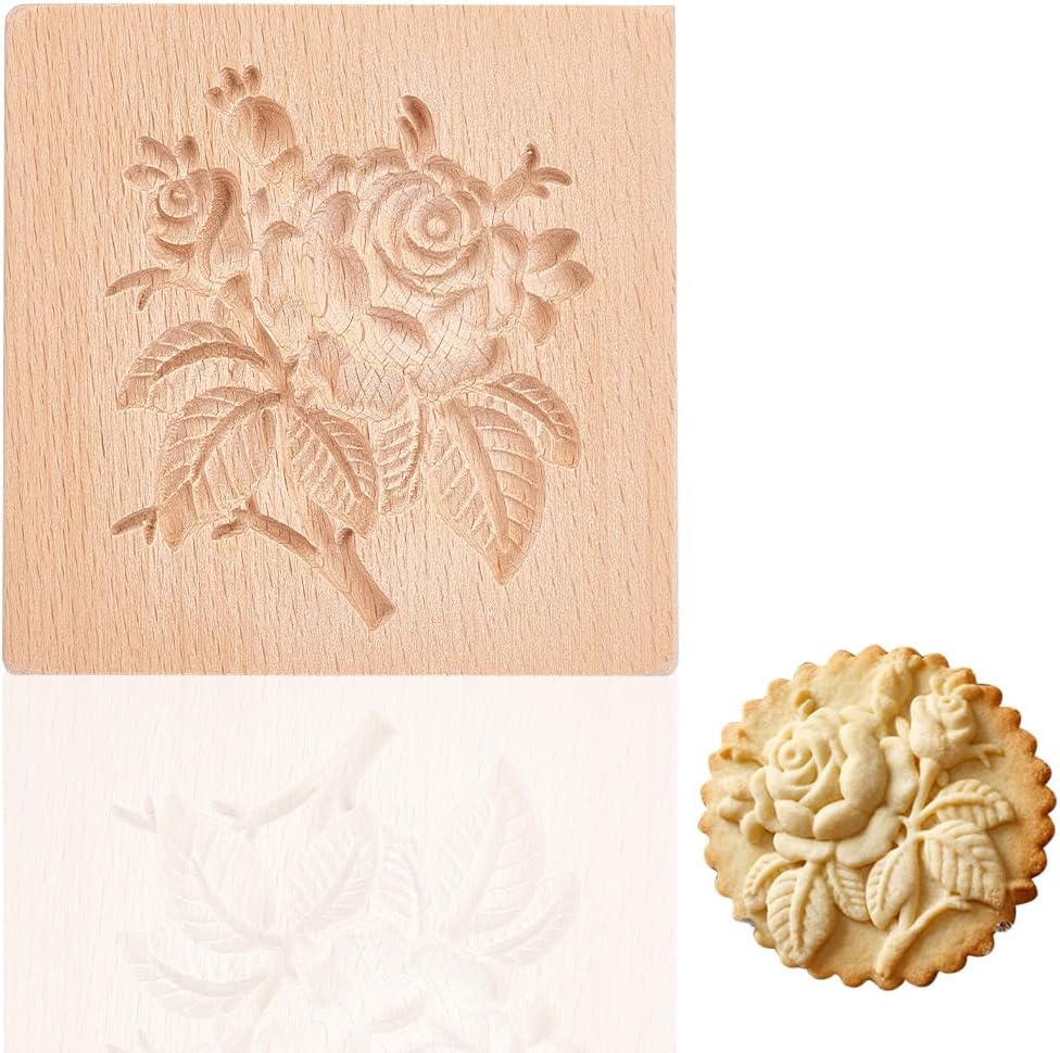 GOMAKRER 1 Pcs Carved Wooden Flower Cookie Mold, Kitchen Wooden Rose Cookie Cutter 3D Floral Biscuit Press Stamp Molds Gingerbread Cookie Stamp for Christmas Easter Kitchen DIY Baking Tool