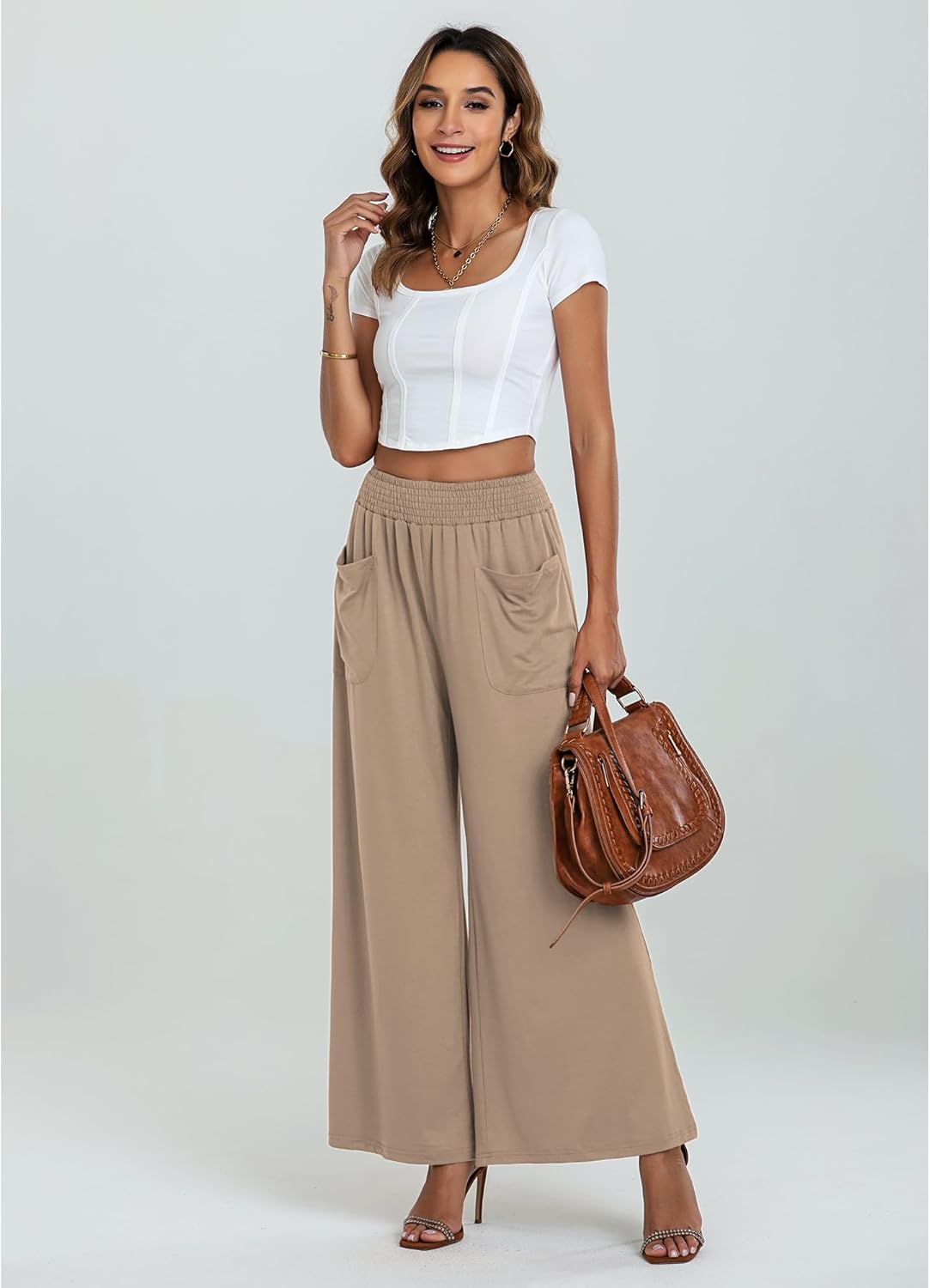 GRAPENT Wide Leg Pants for Women High Wasited Baggy Palazzo Pants Casual Pull On Bell Bottom Smocked Elastic Waist Pants - Image 3