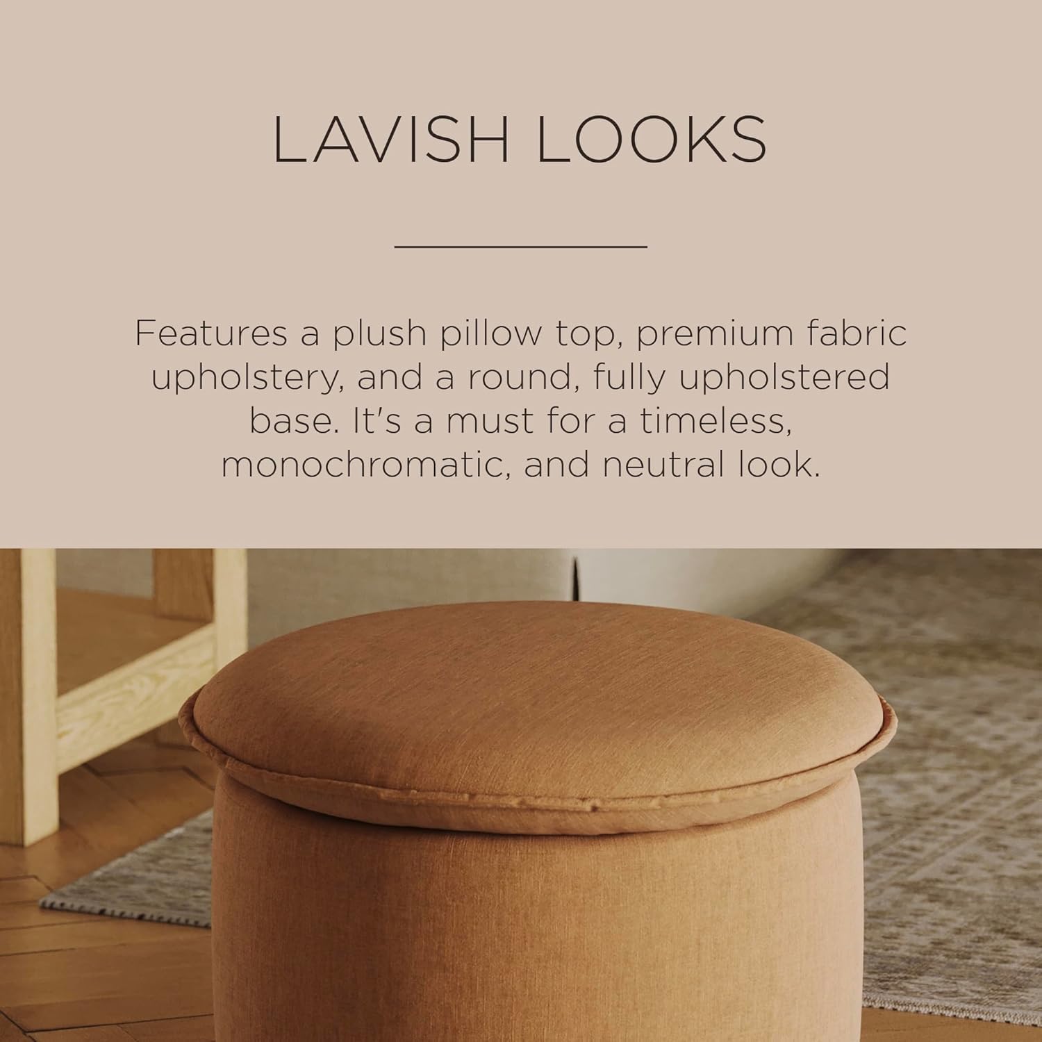 Maven Lane Lyra Contemporary Large Round Upholstered Ottoman, Cushioned Footrest for Living Room Couch, Chair, or Dorm Room in Clay Fabric Upholstery