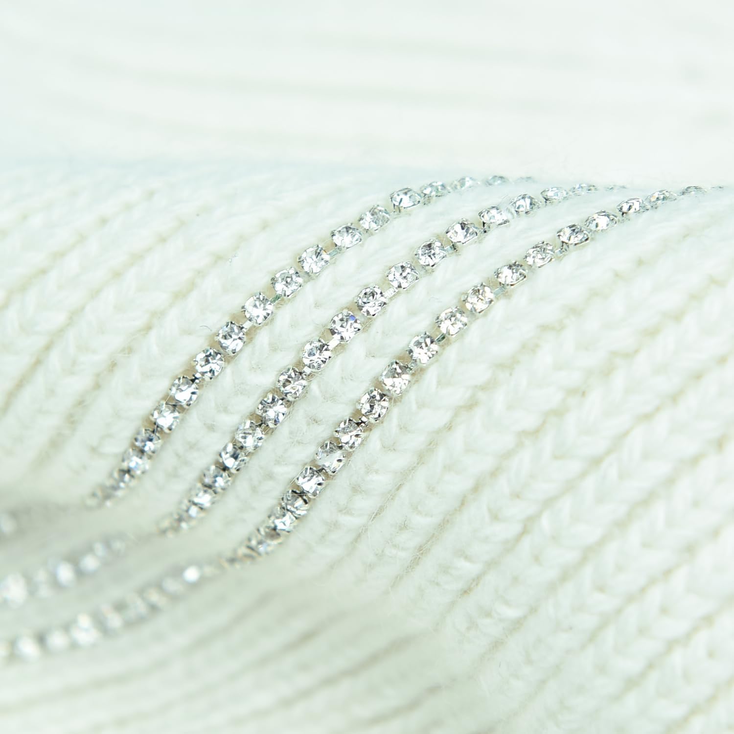 Women's Knitted Angora Wool Hat for Autumn and Winter Warm and Stylish with Rolled Brim and Slanted Rhinestones Cap