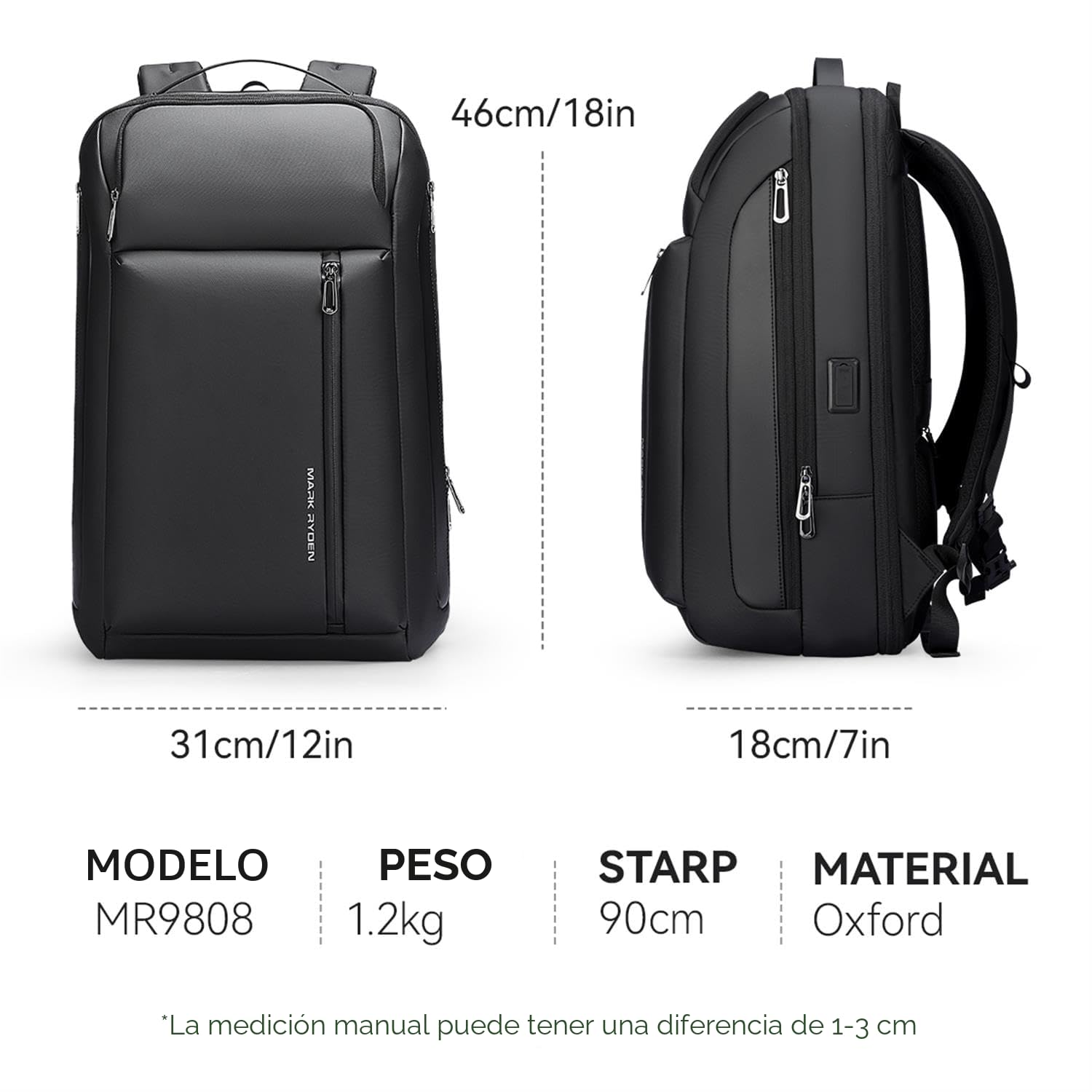 MARK RYDEN - Mochila para laptop de negocios de 15.6 pulgadas, mochila de viaje expandible de 25 a 35 litros, mochila de viaje de gran capacidad, resistente al agua, mochila de cabina de 45 x 35 x 20