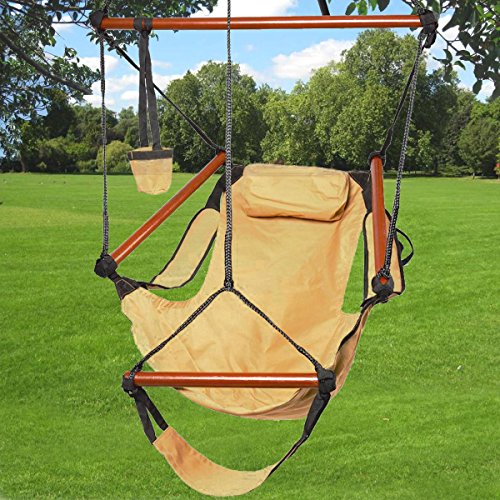 Multigot Hanging Hammock Air Chair Swing Seat with Pillow, Drink Holder for Indoor/Outdoor Yard Garden Tree Patio Porch (Tan)
