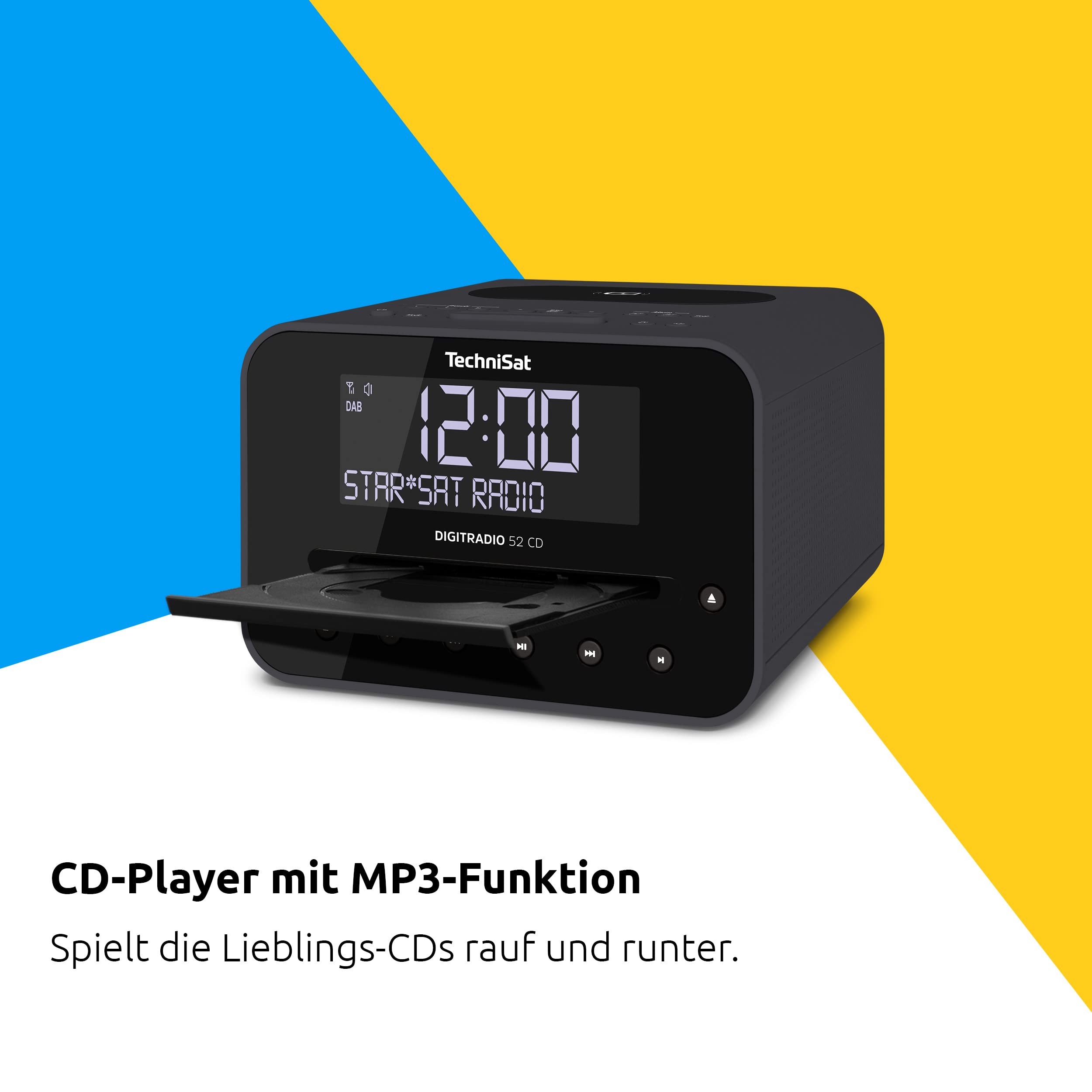 TechniSat DIGITRADIO 52 CD - Radiobudzik stereo DAB+ (dwa regulowane czasy alarmu, DAB, FM, drzemka, sleep timer, przyciemniany wyświetlacz, Bluetooth, bezprzewodowe ładowanie, odtwarzacz CD) czarny