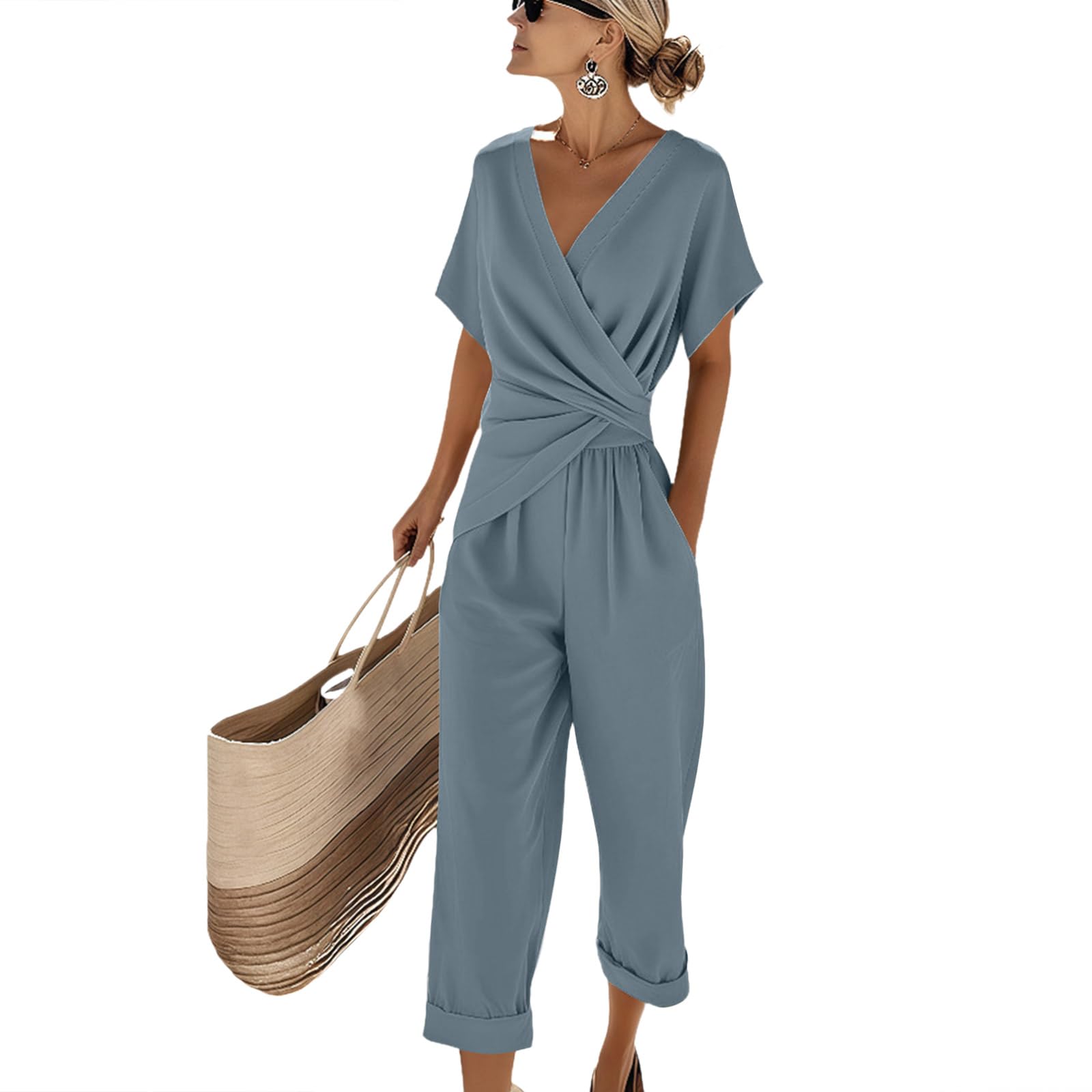 Combinaison d'été à manches courtes avec col en V pour femme - Combinaison décontractée taille haute avec poches - Tenue habillée élégante et formelle