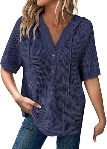 Women's Drawstring Stylish Short Sleeve Waffle Knit Hoodie Top V Neck Button Front Blouses Shirts Casual Pullover (Dark Blue,Medium)