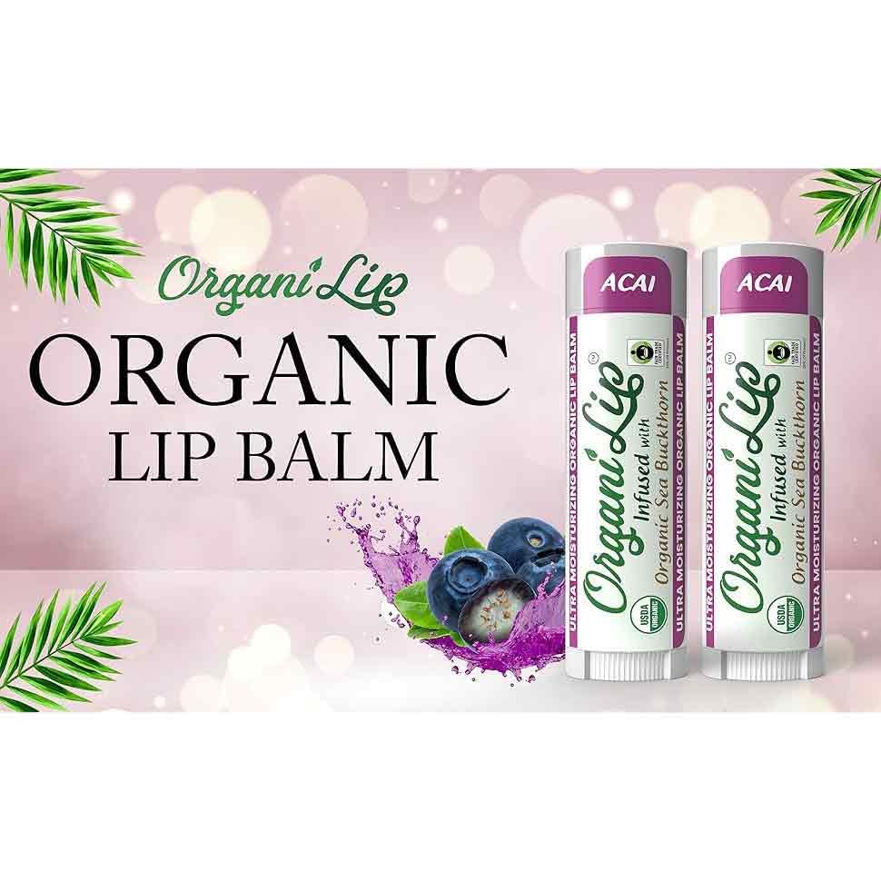 OrganiLip Organic Lip Balm, Acai Flavor, Ultra Hydrating Lip Moisturizer for Cracked or Dry Lips, Infused With Sea Buckthorn, Oval Shaped Tube, USDA Certified Organic, 1 Pack