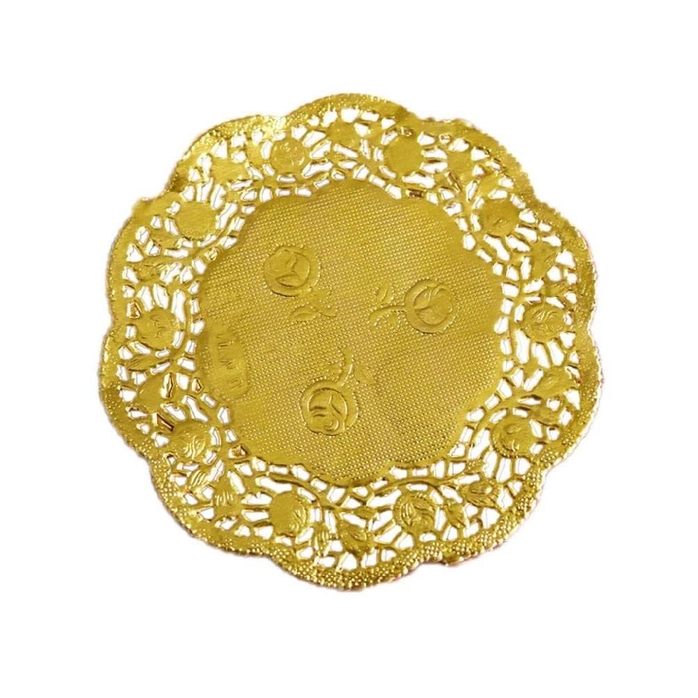 Maybenice 50Pcs/Set 3.5 Inch Hollow Floral Embossed Round Lace Paper Doilies Wedding Party DIY Tableware Metallic Gold Placemat Decoration Crafts Pu Leather Waterproof