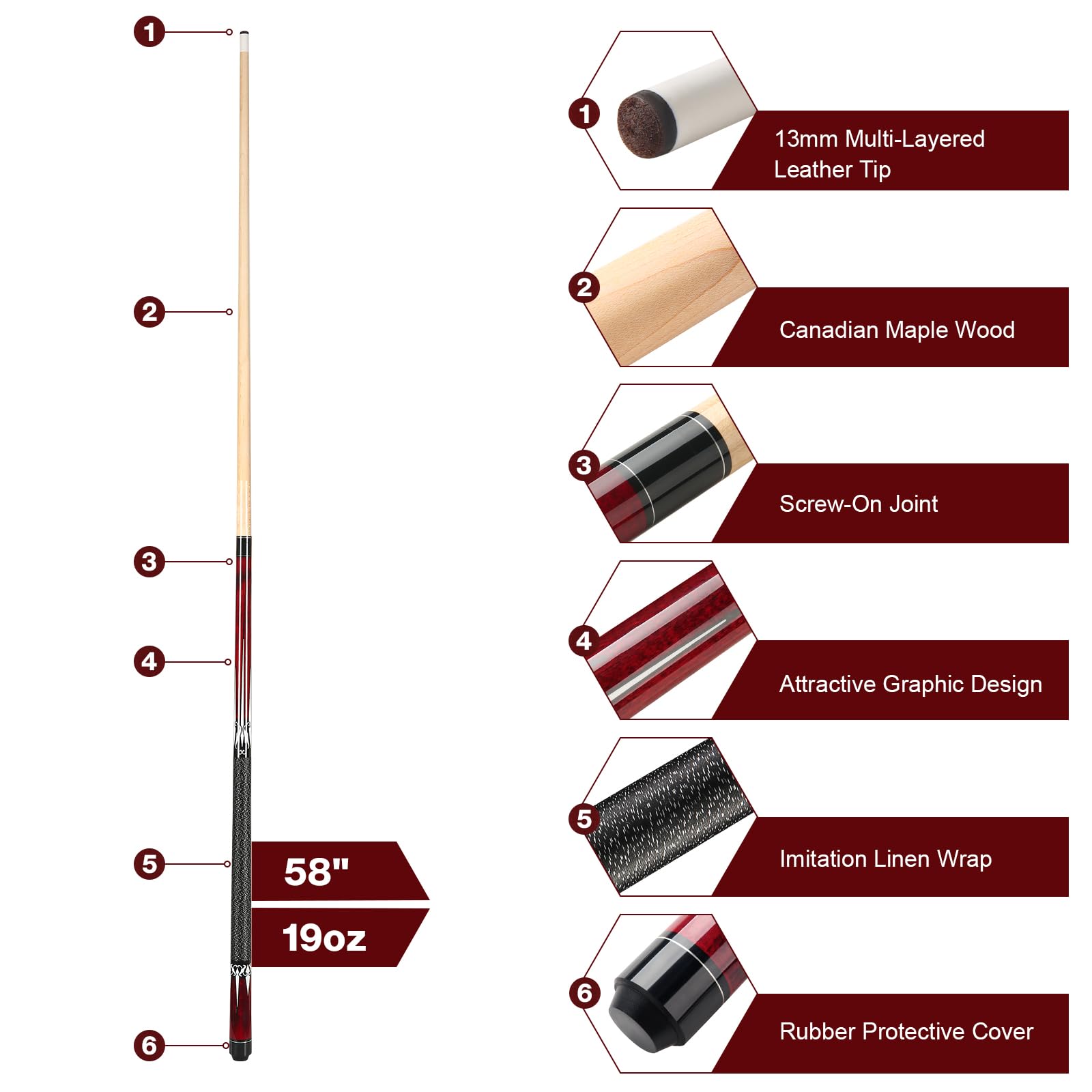 Pool Queue, 58 Zoll Billard Queue Kanadischer Ahornholz Pool Cue 13mm Spitzen für Professionelle Billardspieler, 1/2 Maple Queue Sticks für Billard Tisch Sport
