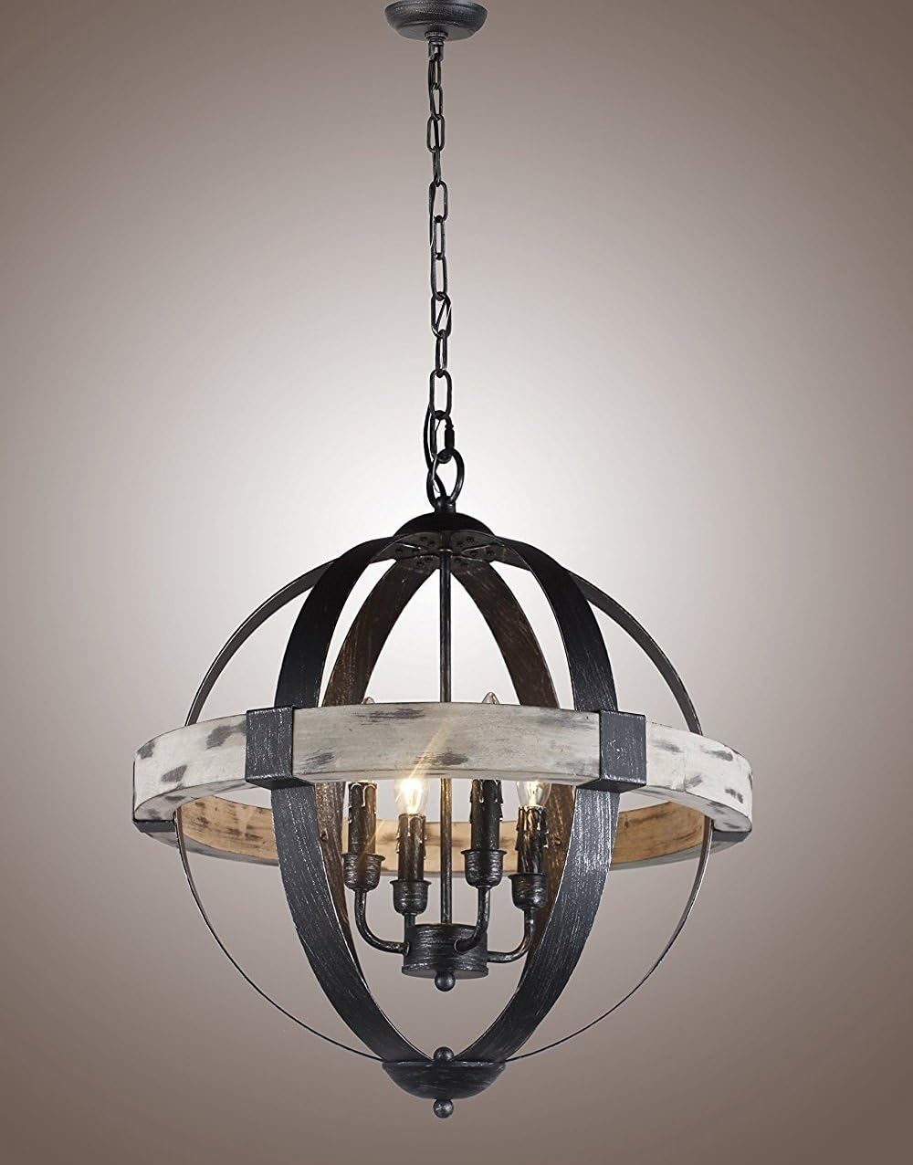 20" Wood Castello Black Aspen Wrought Iron Globe 4 Light Pendant Light Fixture Chandelier