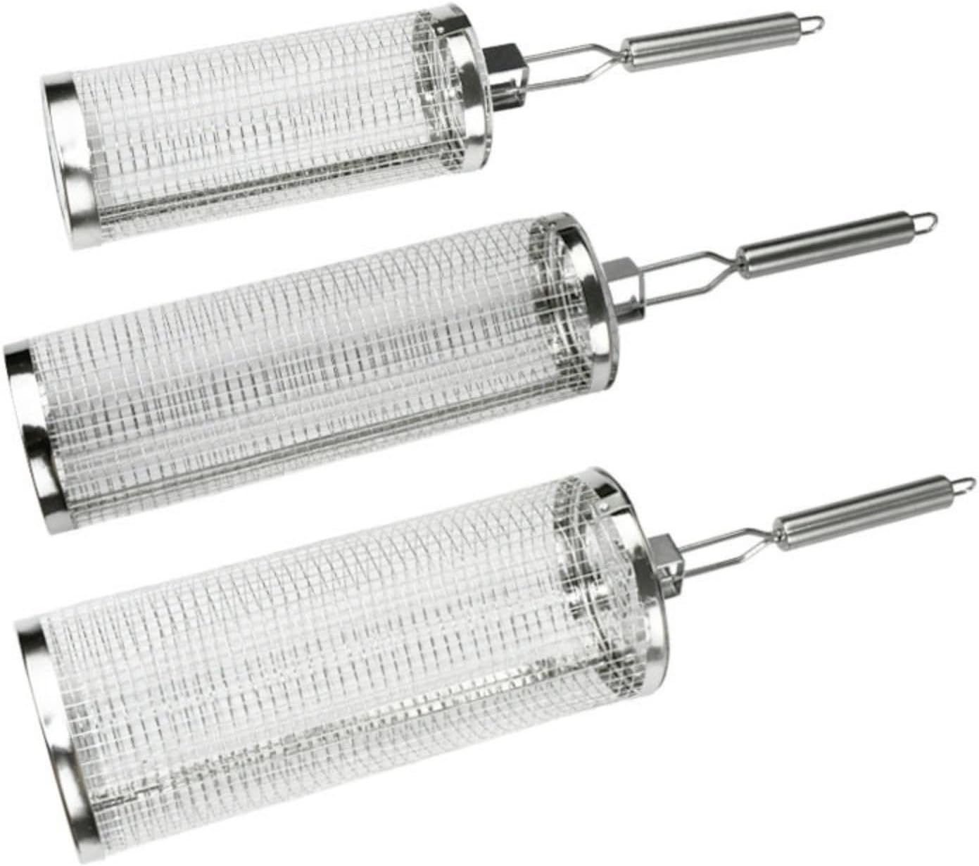 Stainless Steel Rolling BBQ Barrel with Detachable Handle, 360° Rotating Grill Basket for Outdoor Grilling, Portable Non-Stick BBQ Cylinder for Meat Veggies Seafood