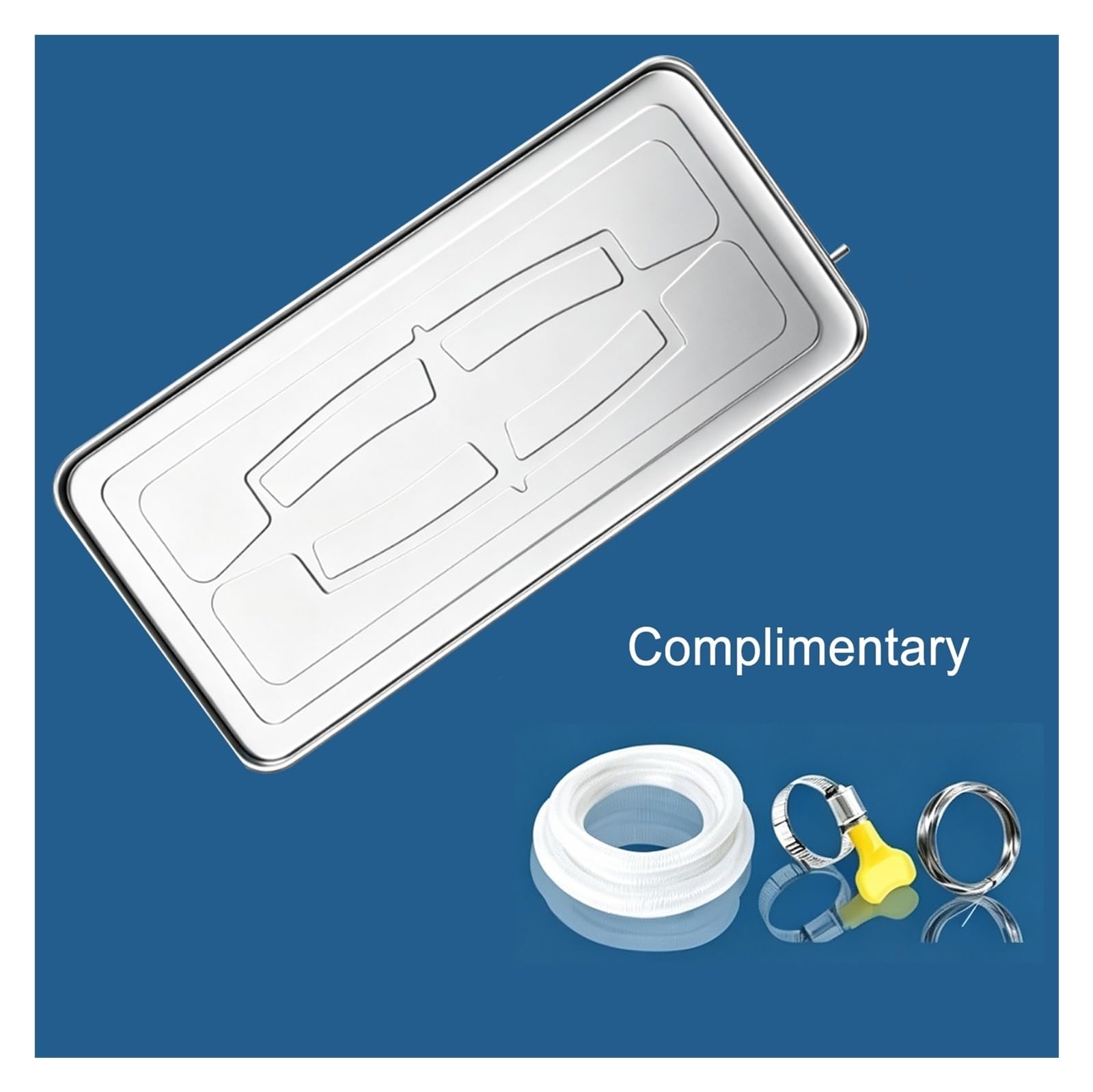 Piatto Condensa Split per Condizionatore Portatile, Piatto Raccogli Acqua Condensa in Acciaio Inox, Include Tubi Flessibili, Fascette e Cavi Metallici, per uso Interno ed Esterno(84x38x3cm)