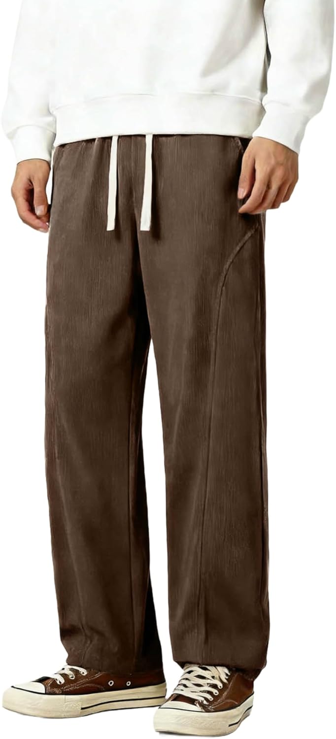 Men's Corduroy Wide Leg Fashion Casual Pants Loose Fit Baggy Straight Sweatpants Elastic Waist Drawstring