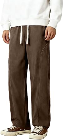 Mens Corduroy Pants Wide Leg Fashion Casual Sweatpants | Loose Fit Baggy Straight Elastic Waist Drawstring