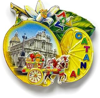 Catania Sicily Souvenir Magnet, Decorative Horse Carriage Cathedral Design, Yellow Lemon Shape, 7.6 x 7.2 cm