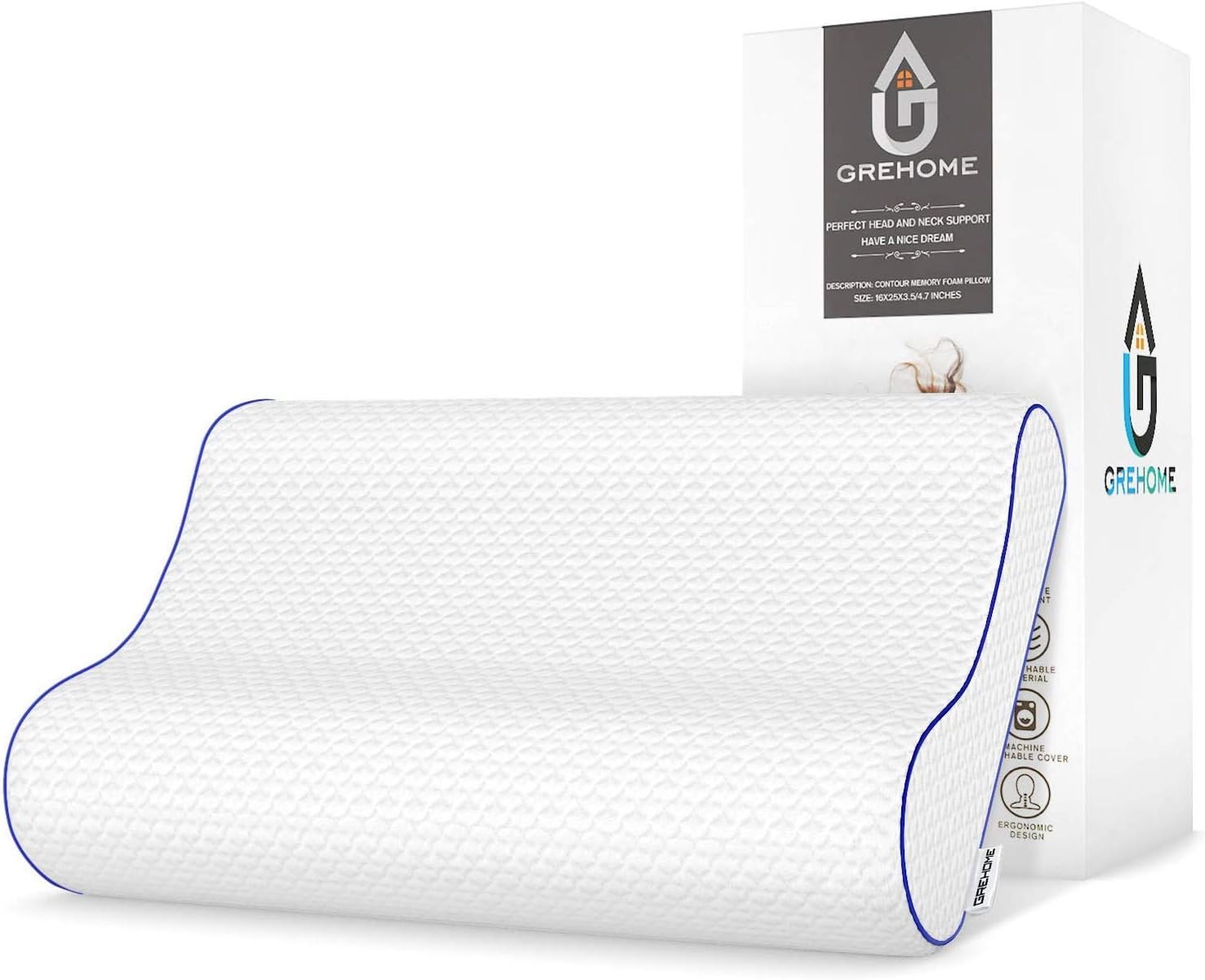 GREHOME Memory Foam Pillow, Pillows for Sleeping, Cervical Pillow for Neck, Shoulder Pain, Contour Pillow for Back, Stomach, Side Sleepers with Removable Washable Pillowcase -16 x 25 x 3.5/4.7 inches