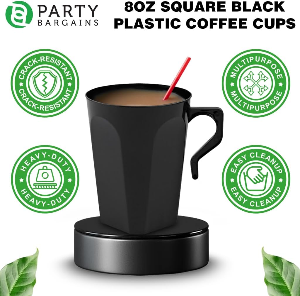 PARTY BARGAINS 8oz Square Black Disposable Plastic Coffee Cups with Handles, 32 Count, Modern Tea & Hot Beverage Cups for Parties, Catering & Events