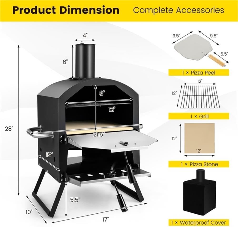 Pemberly Row 2-Layer Wood Fired Pizza Oven Grill, Dual-Tier Design, Includes Pizza Stone & Waterproof Cover, Portable with Folding Legs, up to 1112°F, Wood/Coal Fuel Option for Outdoor Cooking
