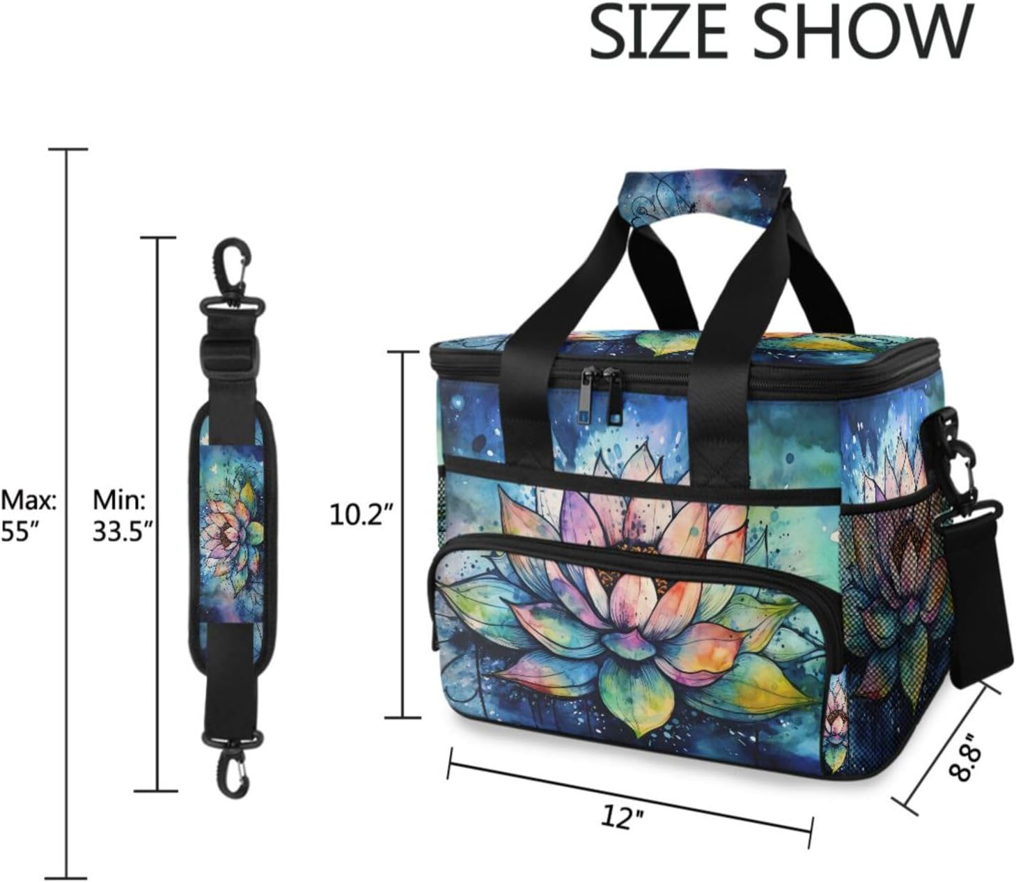 Cooler Bag (Watercolor Lotus) 24 Cans Insulated Tote Lunch Bag Shoulder Bag Leakproof for Picnic Camping Party