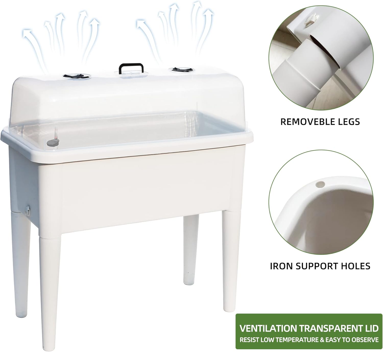 Dexceder 13.2 Gallon Self Watering Raised Garden Bed with Ventilation Transparent Lid Greenhouse, Deepen Vegetable Flower Box Planter Pot with Removeble Legs & Water Level Indicator (White)