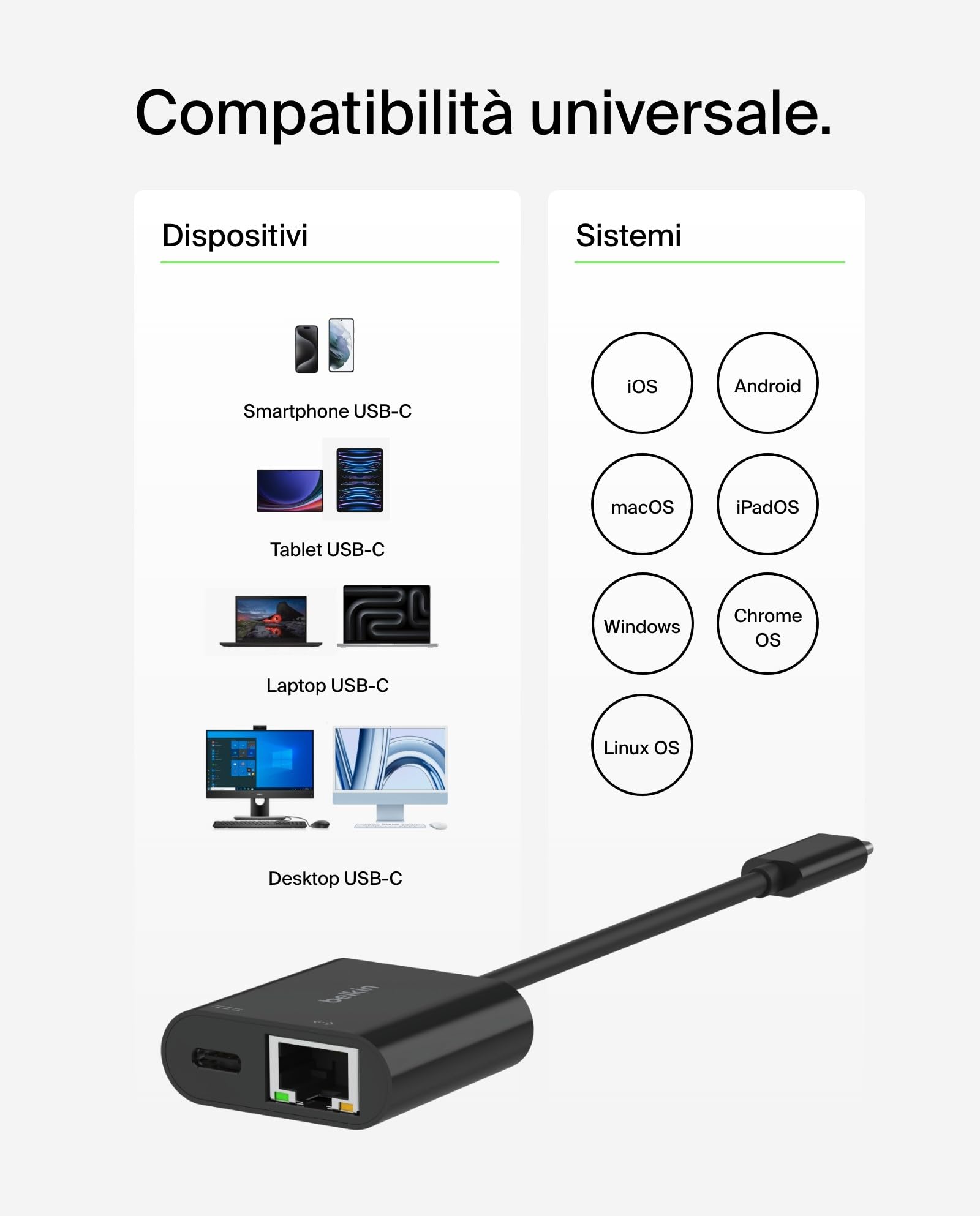 Belkin Connect Adattatore da USB-C a Ethernet + ricarica da 100 W, Gigabit Ethernet, USB-C, 10/100/1.000 Mbps per una connessione Internet rapida, compatibile con iPhone 15, Samsung Galaxy S24 e altri