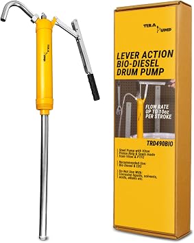 TERA PUMP Stainless Self Priming Hand Lever Action Pump | Transfer Heavy Oils, Diesel, Kerosene, Adjustable Telescoping Intake Tube, Fits 15-55 Gallon Drums