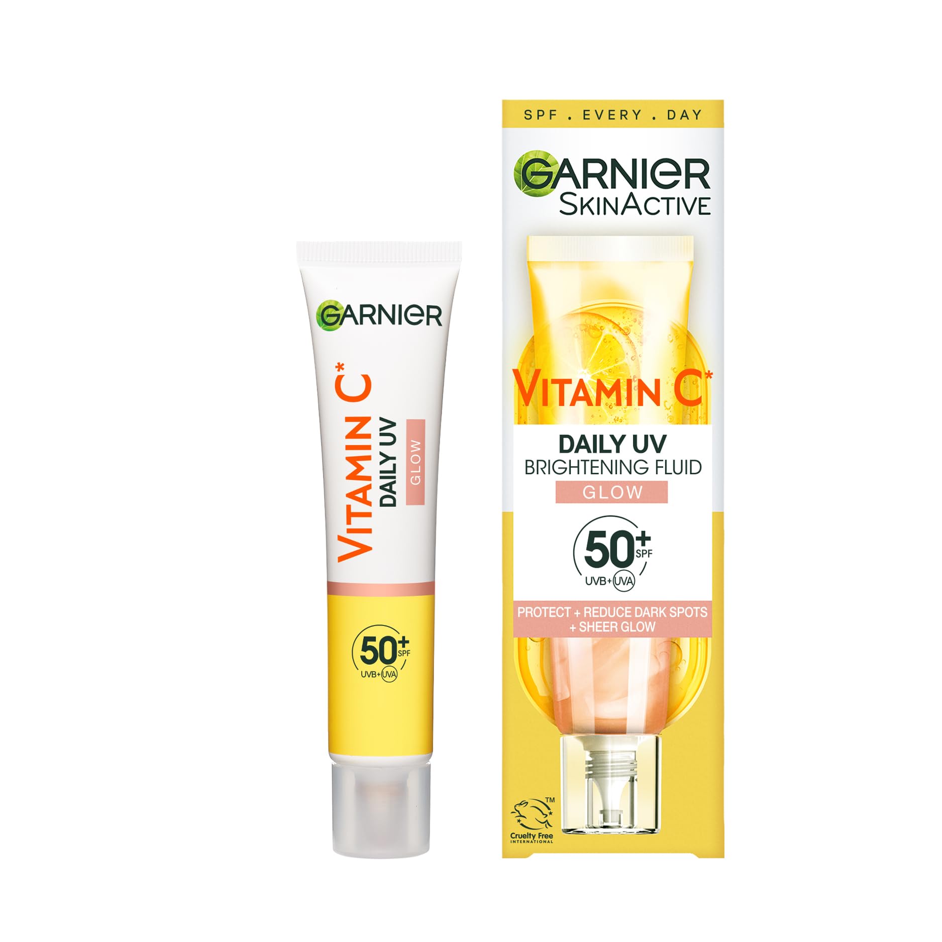 Garnier Vitamina C Fluido Antimanchas Anti-UV Diario Efecto Glow FPS50+, Protege, Previene y Reduce las manchas, para todo tipo de pieles, 40 ml
