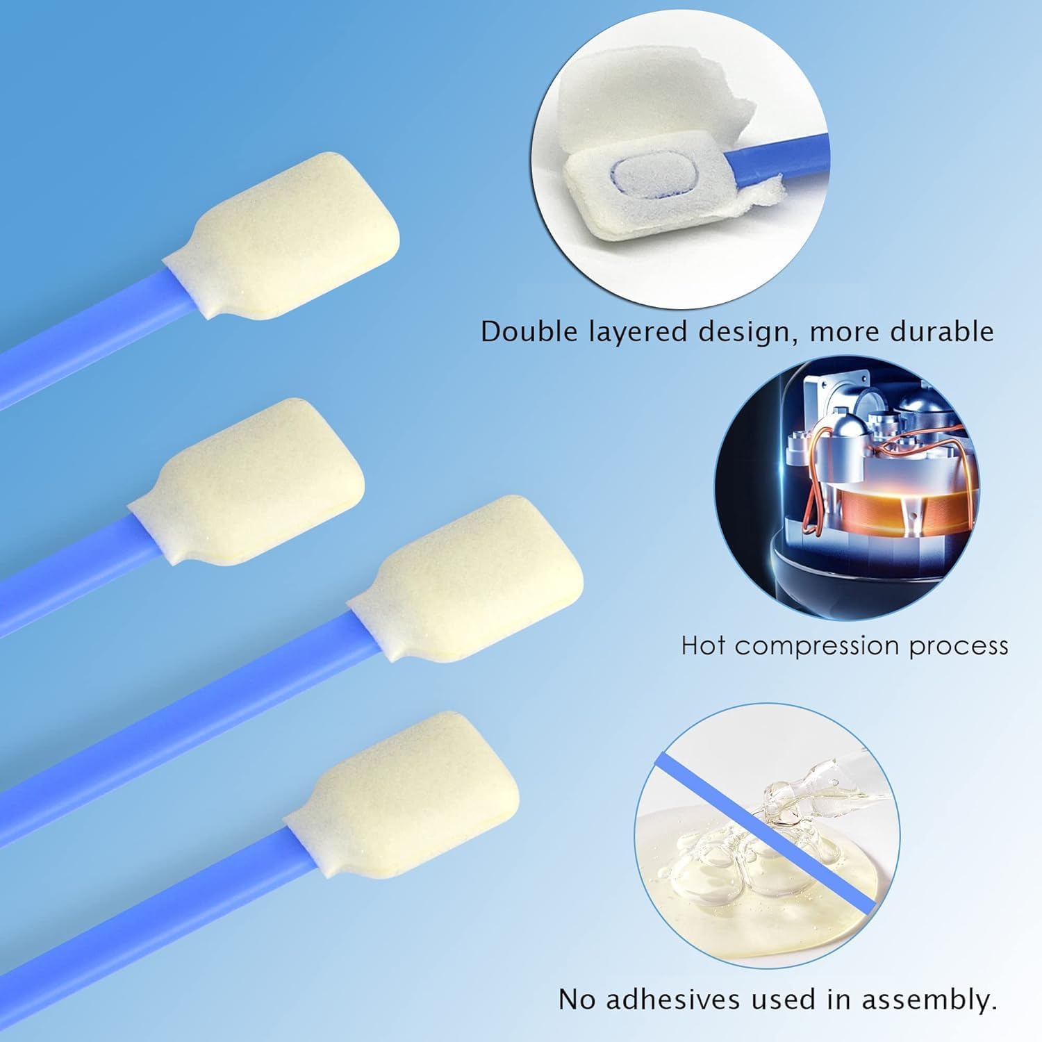 Wellgler's Square Rectangle Cotton Swabs,5.11” Foam Cleaning Swabs for Printers，Cameras, Automotive, Optics, Sensors, Guns, and Electronics (Blue, 300)