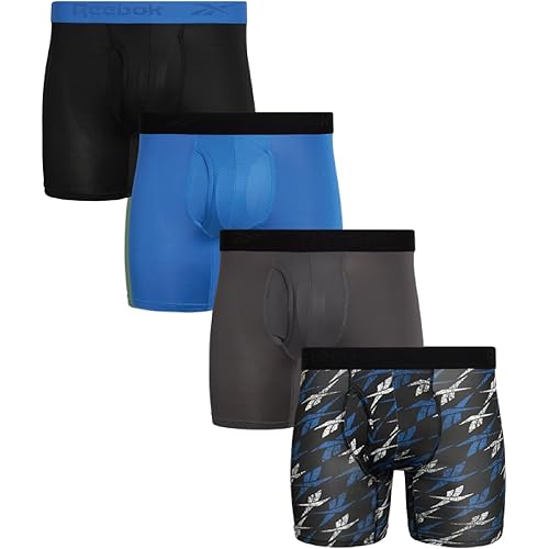 Reebok Mens Boxer Briefs - 4 Pack Performance Stretch Mens Underwear Boxers with Functional Fly, 6" Inseam Boxers for Men