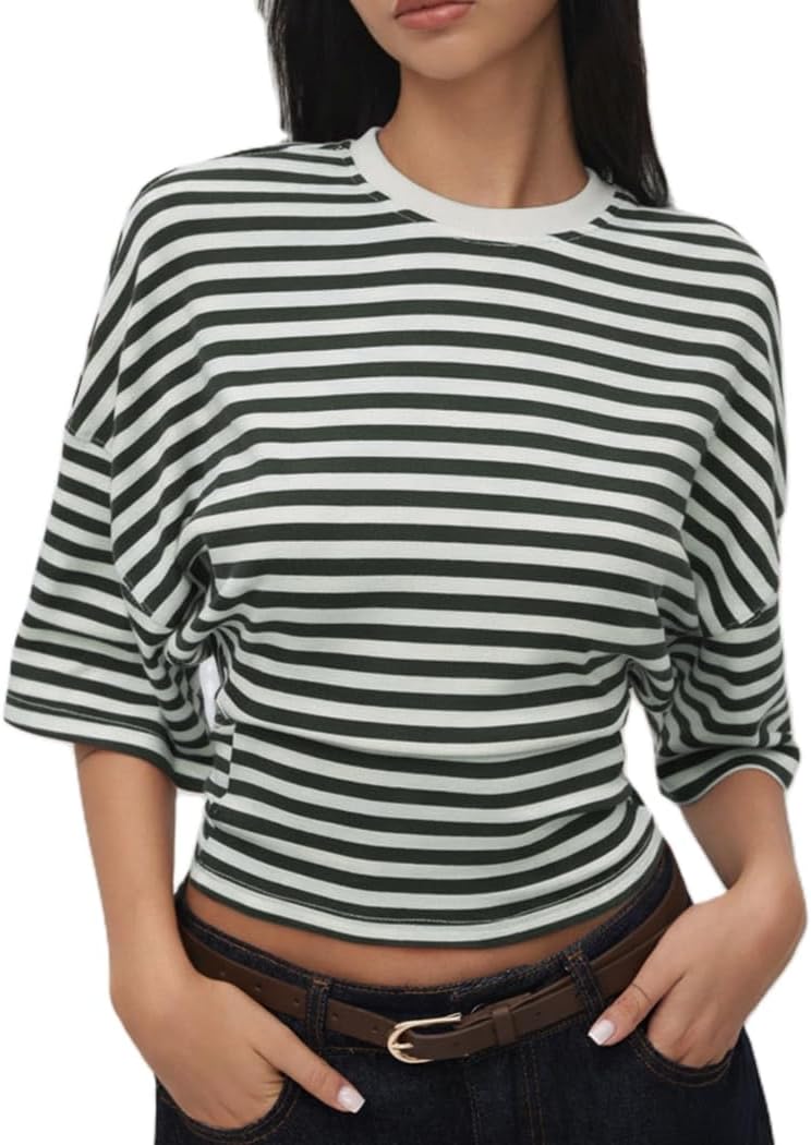 Wide Dolman Short Sleeve Tops Women Crew Neck Cinched Wasit Grunge T-Shirt Y2K Summer Fitted Going Out Crop Tees