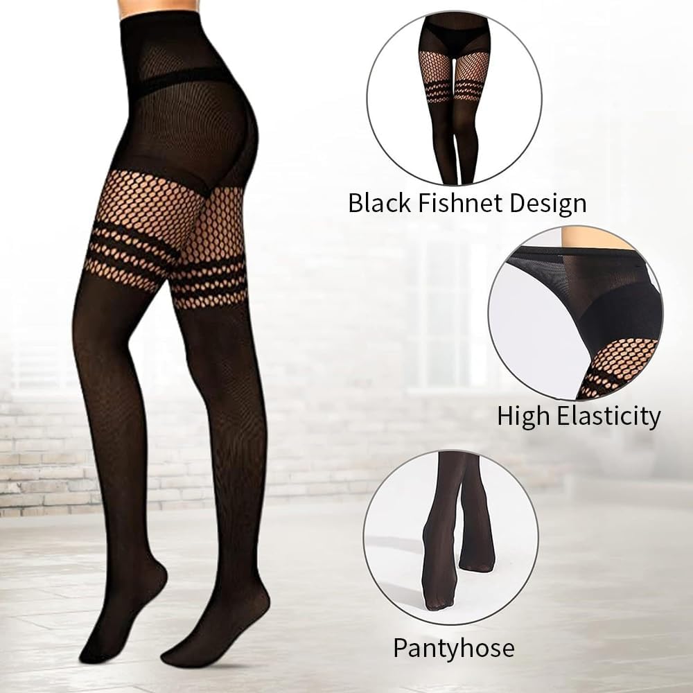 3 Pairs Women Faux Thigh High Fishnet Stockings Black Fishnet Tights Gothic Striped Suspender Tights Opaque Pantyhose for Halloween Valentine’s Day Party Cosplay Costume Accessories