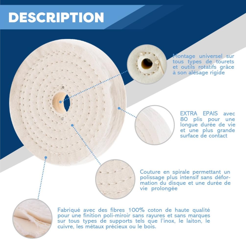Lot de 2 Disques de Polissage en Coton Cousu - D. 200 x ép. 25 x Al. 16 mm - 80 Plis - Idéal pour Métaux, Bois et Plastiques - Accessoire Robuste pour Polisseuse et Finition Parfaite