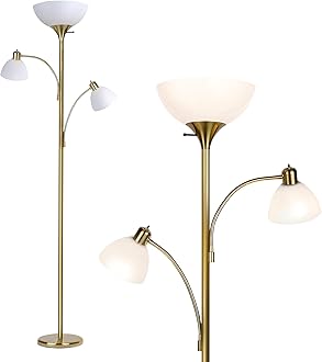 - Brightech Sky Dome Double LED Floor lamp, Torchiere Super Bright Floor Lamp with 2 Reading Lamps for Living Rooms & Offices - Dimmable Tall Standing Lamp for Bedroom Reading - Tall Brass Pole