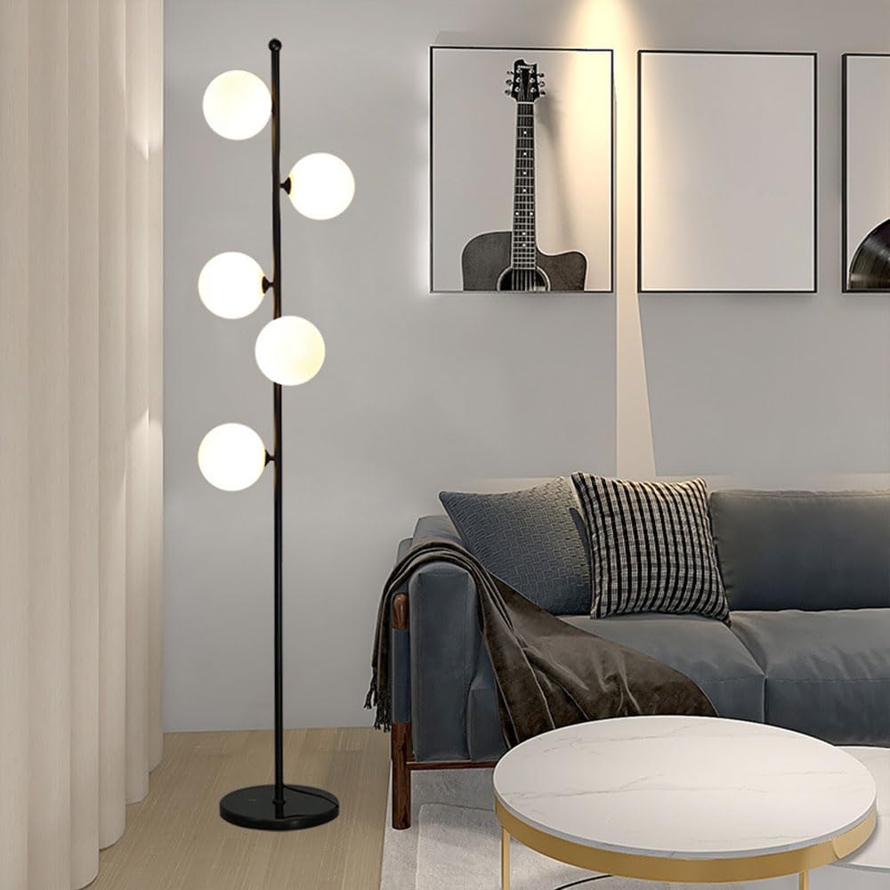 Lampada terra creativa 5 sfere Paralume in vetro bianco Lampade terra Lampade lettura per interni Lampade alte Lampada decorativa verticale per soggiorno Interruttore pedale Base in marmo Lamp