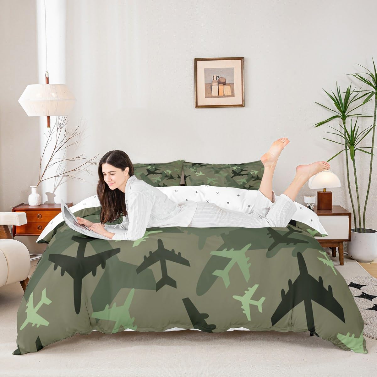 Army Green Aircraft Duvet Cover Set Twin Size Camouflage Bedding Set 2Pcs for Kids Boys Men Adult Bedroom Decor Cartoon Airplane Comforter Cover All Season Green Camo Quilt Cover,1 Pillowcase