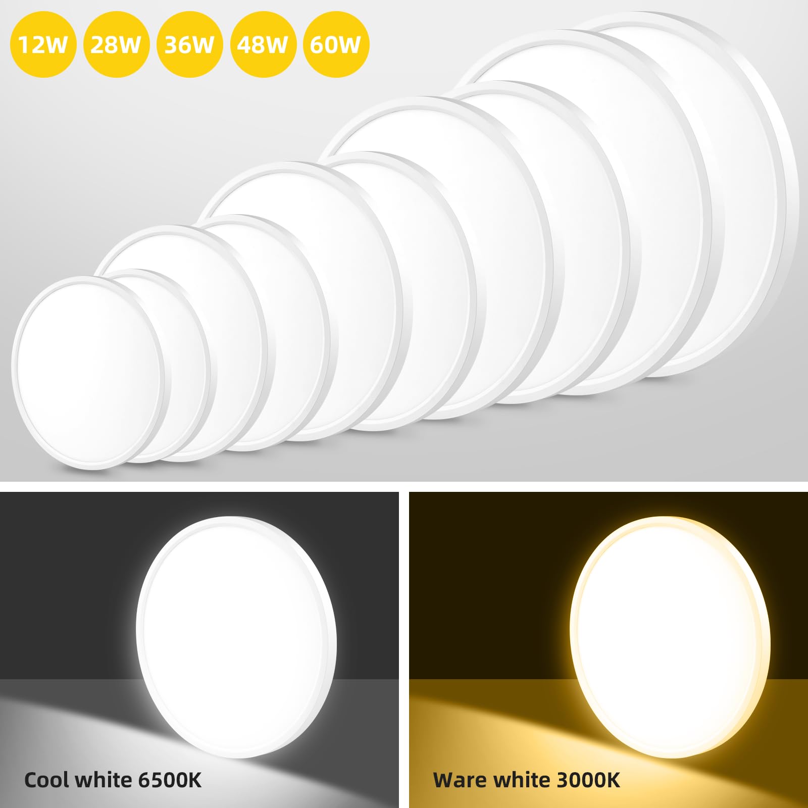 Led Deckenleuchte Flach 60W, Wasserfest, Ø50cm 6000LM 3000K, Rund Lamp Deckenlampen für Badezimmer, Schlafzimmer, Küche, Flur, Weiß