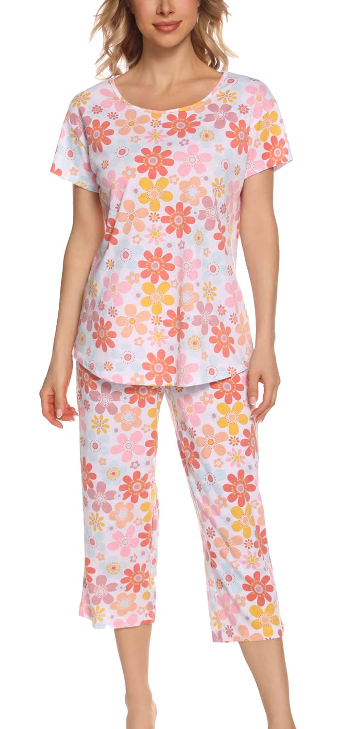 ENJOYNIGHT Pigiama da donna in cotone, a maniche corte, con pantaloni Capri, 2 pezzi