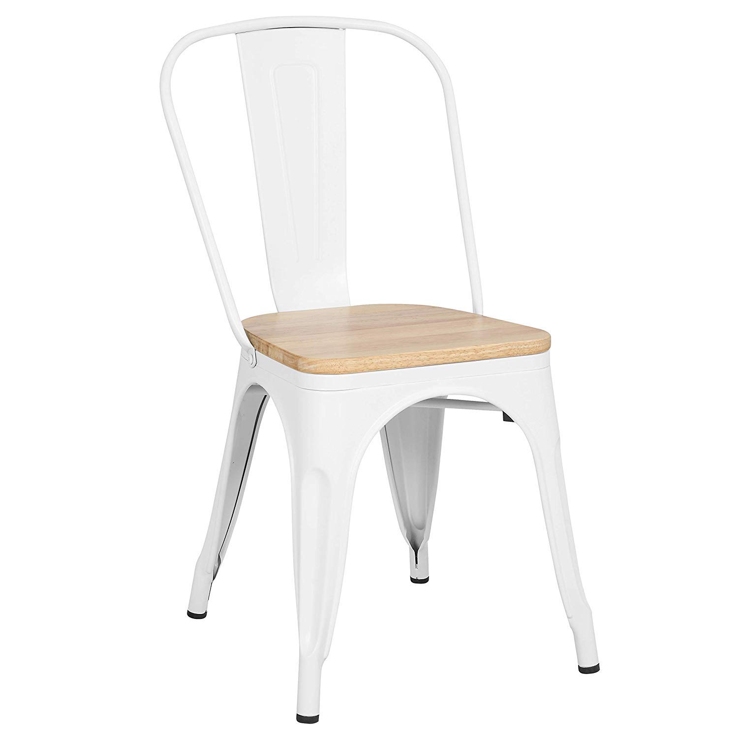 Kosmi Chaise Industrielle Blanche Métal et Bois – Style Factory Vintage – Assise Bois Naturel – Chaise de Salle à Manger, Cuisine, Restaurant, Café – Empilable – Robuste et Confortable