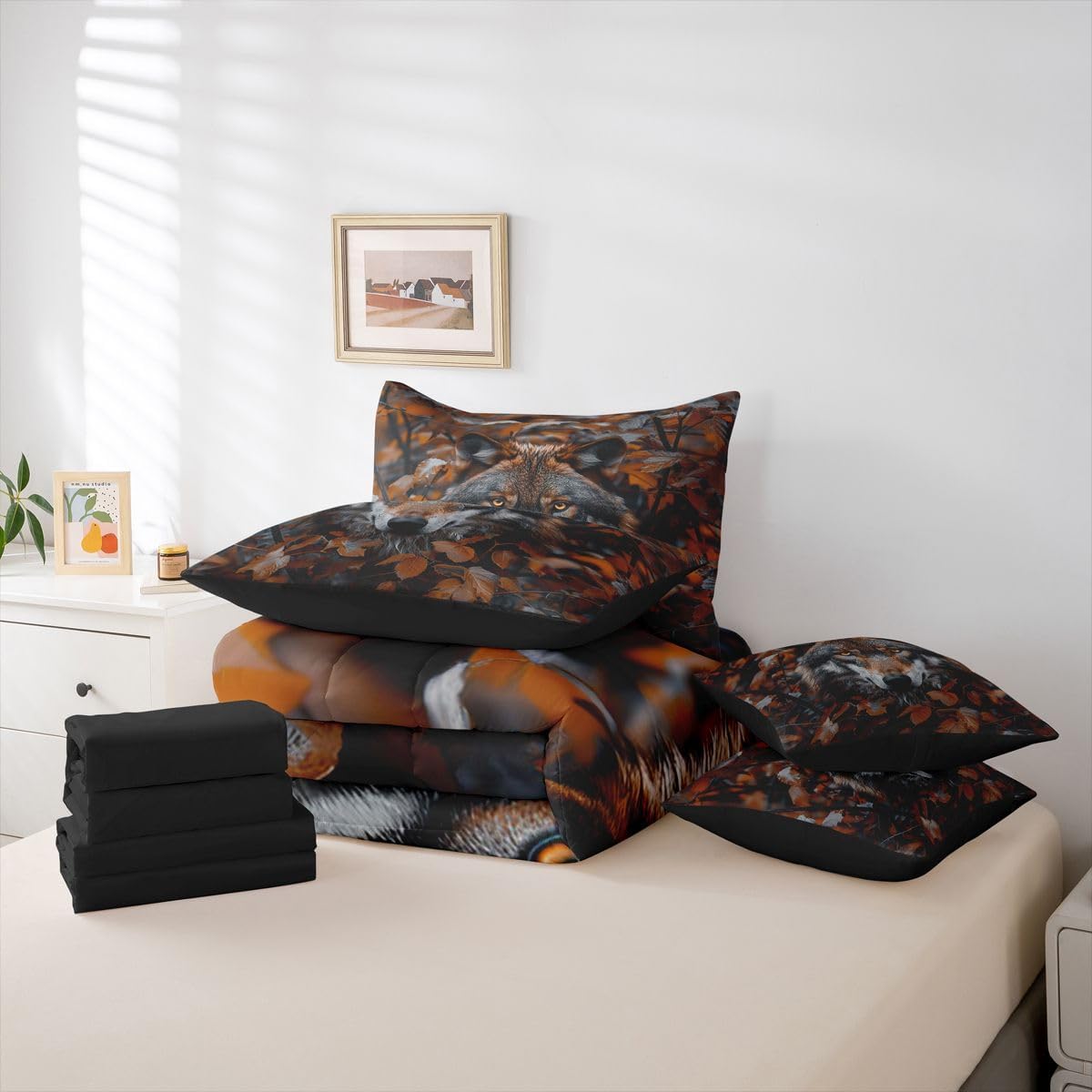 Feelyou Camo Wolf Comforter Set with Sheets 7 Piece Queen Size Realistic Camo Leaves with Wolf Bed in a Bag Kids Boys Girls Cool Wolf Bedding Set Bedroom Decor Breathable Soft Lightweight Microfiber image 5