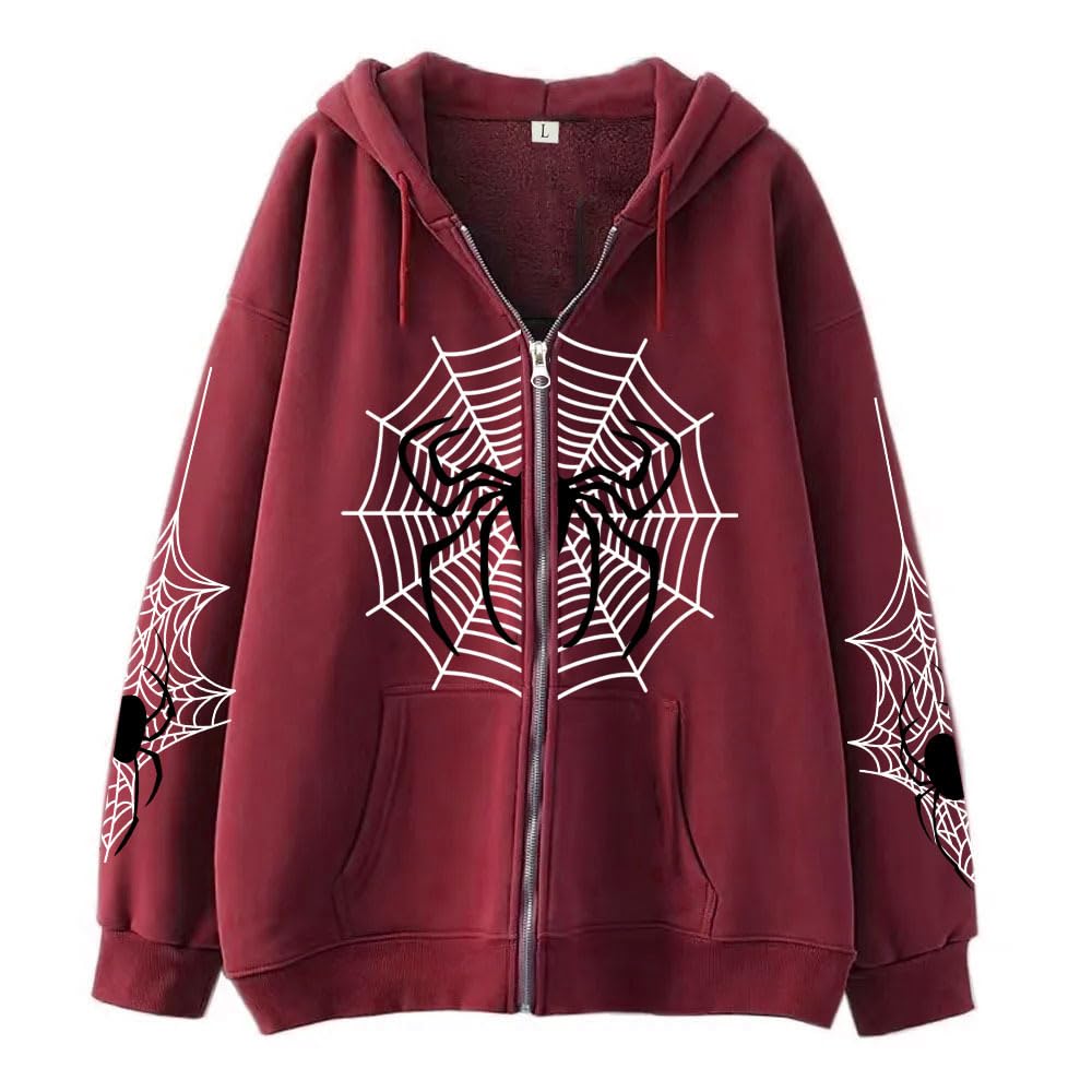 JMDREAMHalloween Coat Casual Hooded Long Sleeve Y2k Spider Web Zip Up Hoodie with Pockets Vintage Harajuku for Couples