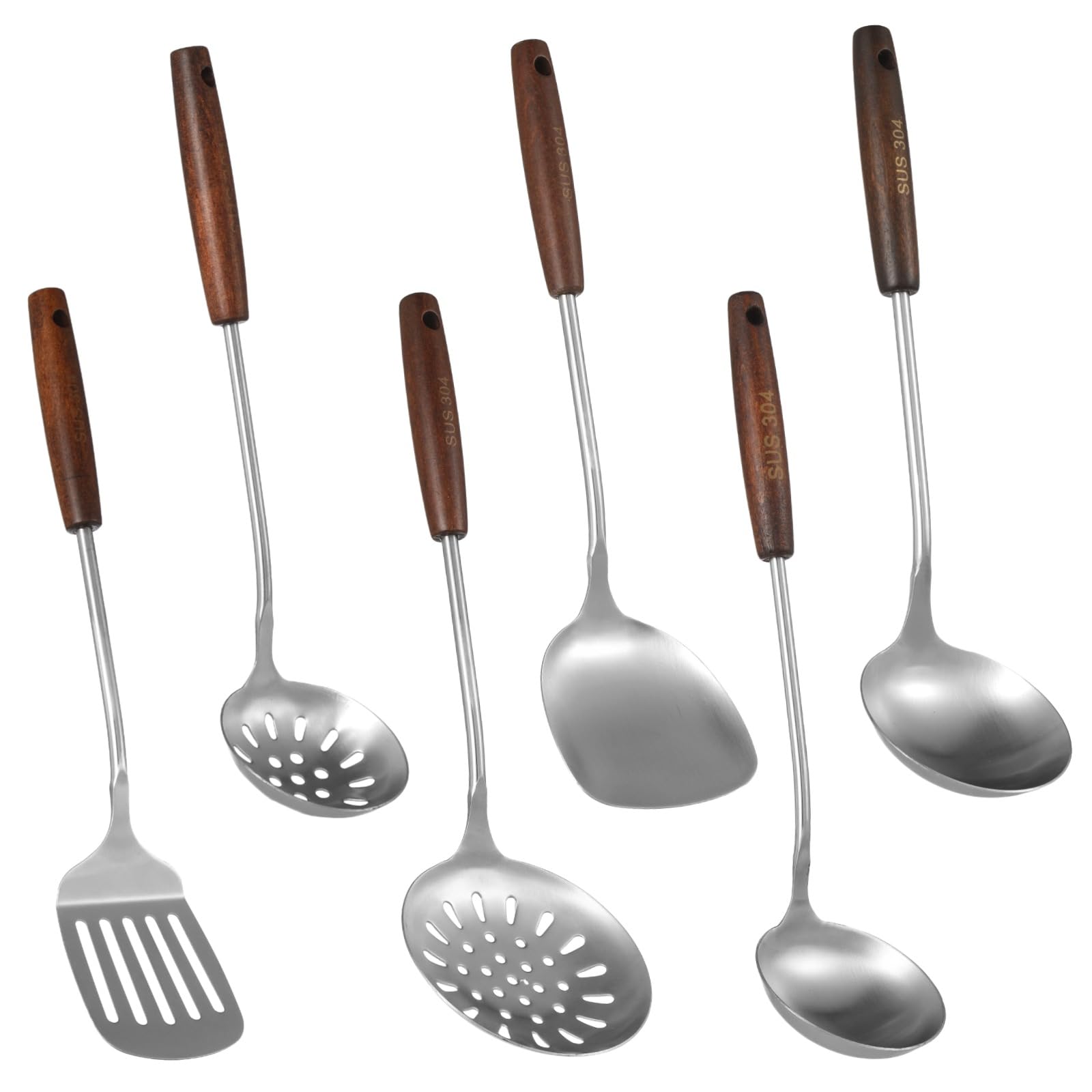 6 Stk. Hängende Wok-Kochutensilien aus Edelstahl mit Holzgriff, ergonomisch geformt, hitzebeständig, zum Braten, Wenden und für Küchenarbeiten, praktisch zum Aufhängen und täglichen Einsatz