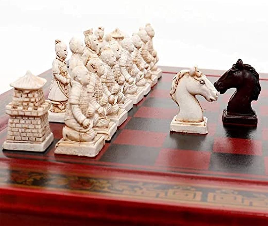 RAHBI Ensembles d'échiquiers, Personnages 3D en Terre Cuite Antique Jeu d'échecs en Bois pour Adultes, Jeu de Puzzle Nouveauté avec Design de Rangement à Tiroir