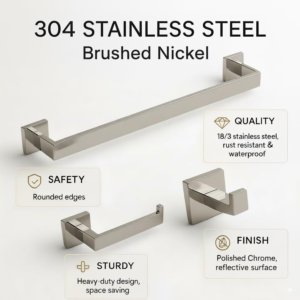 3 Piece Towel Bar Set for Bathroom, Washroom, Toilet Paper Roll Holder Set, Bath Accessories, Heavy Duty Wall Mounted, Towel Holder Rack Hook Rod (Brushed Nickel)