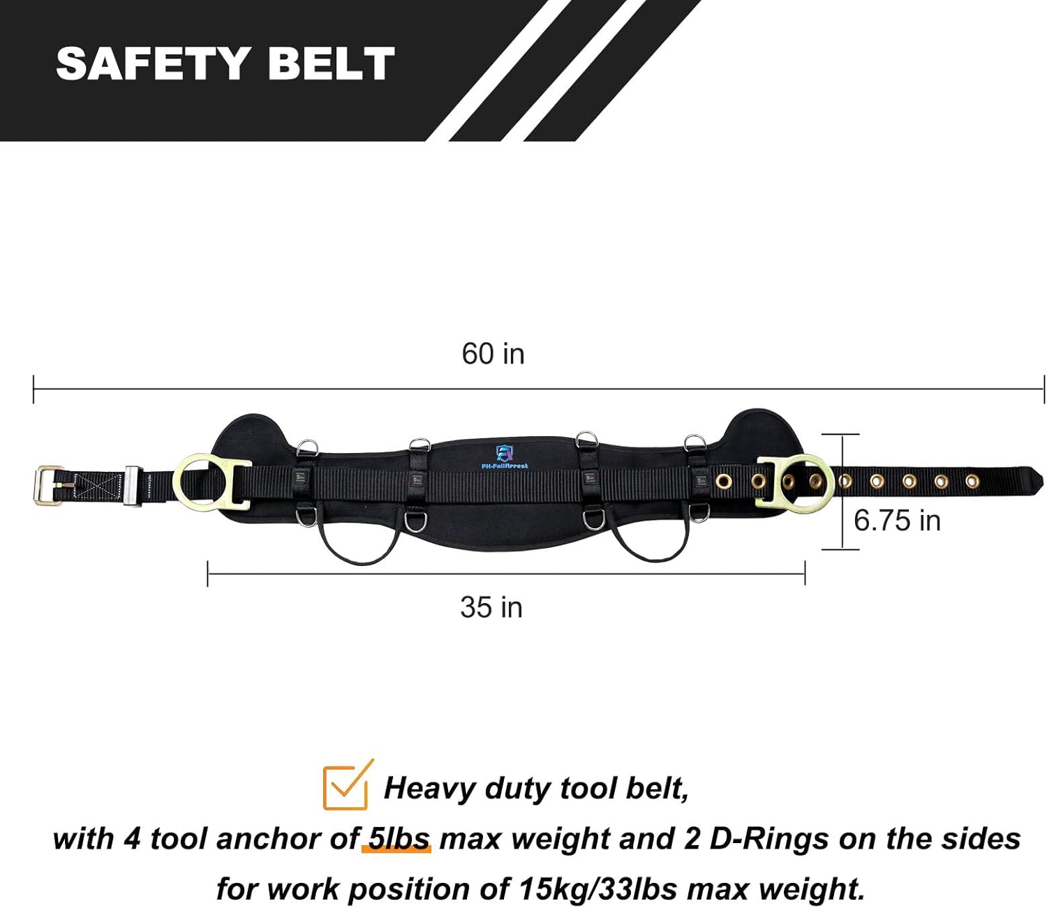 Safety Harness Climbing Belt - Tongue Buckle Safety Belt With Ventable & Moisture-Wicking Waist Pad and 2 Side D-Rings Personal Fall Protection Safety Belt for Work Positioning Restraint - Image 6