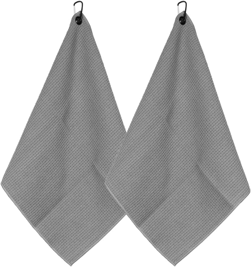 Myartte 2pcs Golf Towels for Golf Bag for Men Women Golfer Microfiber Fabric Waffle Pattern 16’’×16’’(Gray)