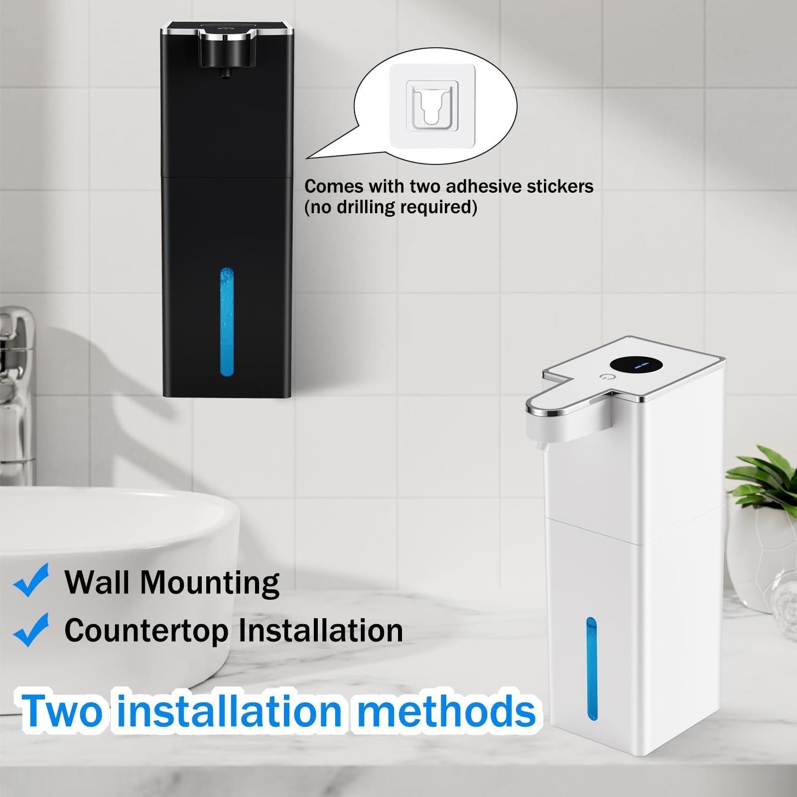 2 Pack Automatic Liquid Soap Dispenser, 440ml Wall Mount Touchless 4 Gear Adjustable Hand soap Dispenser, USB Rechargeable 1800 mAh with Infrared Motion Sensor for Kitchen and Bathroom (White+Black) - 3